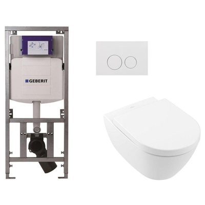 Villeroy & Boch Subway 2.0 DirectFlush Pack WC avec abattant de luxe softclose Saniclass, réservoir Geberit et plaque de commande QeramiQ avec boutons ronds blanc