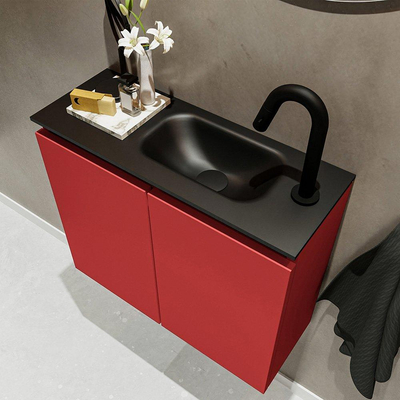 MONDIAZ TURE Toiletmeubel 60x23x50cm met 1 kraangaten 2 deuren fire mat Wastafel Eden rechts Solid Surface Zwart