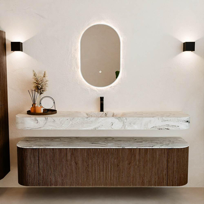 MONDIAZ THOR-DLUX Meuble de salle de bains 180cm arrondi gauche + droite couleur Walnut avec 2 tiroirs et 2 portes. Vasque suspendue CLOUD Milieu 1 trou de robinet couleur Glace.