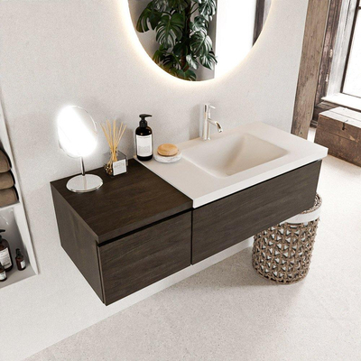 MONDIAZ BUKLA 120cm ensemble de meuble avec module 40 couleur Marron Foncé avec 2 tiroirs. Lavabo CLOUD à droite 1 trou de robinet couleur Talc.