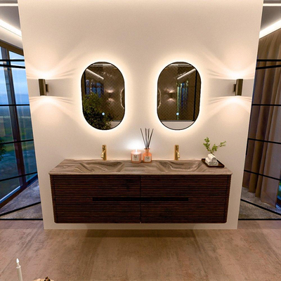 Mondiaz CIRO-DLUX Badkamermeubelset - 170x45x50cm - Solid surface wastafel Sombra - 2 wasbak Dubbel - 2 kraangaten - 4 lades - Walnut