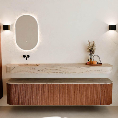 MONDIAZ THOR-DLUX 200cm meuble de salle de bains arrondi gauche + droite couleur Ruby avec 2 tiroirs et 2 portes. Vasque suspendue CLOUD Gauche sans trou de robinet couleur Arena.