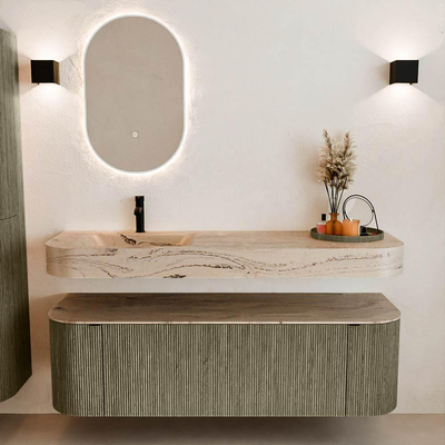 MONDIAZ THOR-DLUX 150cm meuble de salle de bains arrondi gauche + droite couleur Shadow avec 1 tiroir et 2 portes. Vasque suspendue CLOUD Gauche 1 trou de robinet couleur Arena.