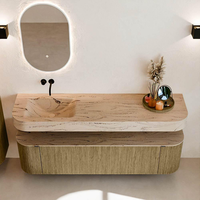 MONDIAZ THOR-DLUX Meuble de salle de bains 170cm arrondi gauche + droite couleur Dusk avec 1 tiroir et 2 portes. Vasque suspendue CLOUD Gauche sans trou de robinet couleur Arena.