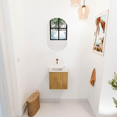Mondiaz JOYA-DLUX 40cm toiletmeubel - kleur Oak - Wastafel FAYE positie Links Zonder kraangat kleur Nata.