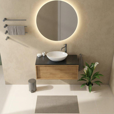 Saniclass Holz Frame Ensemble meuble de salle de bains - 100x45x43cm - Plan vasque en basalte Noche poli (noir) - 1 trou de robinetterie - 1 tiroir - chêne natural mat (bois)