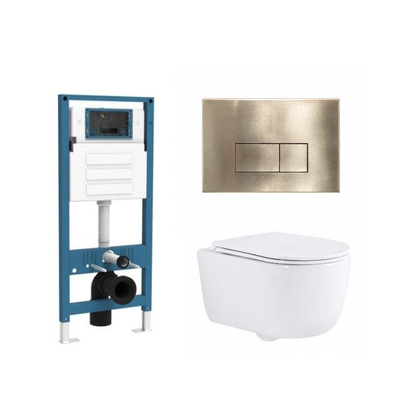 QeramiQ Dely Swirl Ensemble de toilette - réservoir encastré QeramiQ Flush - abattant slim - plaque de commande en métal laiton brossé - boutons rectangulaires - blanc brillant