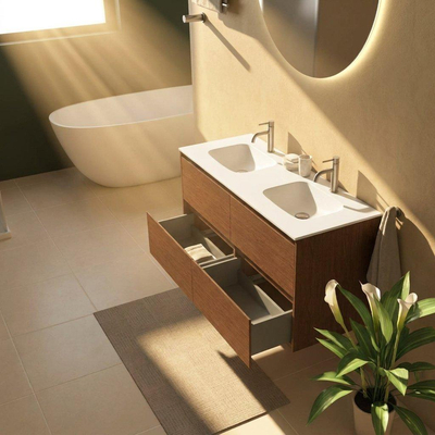 Saniclass Holz Pure Ensemble meuble de salle de bains - 120x45x61.5cm - lavabo Flow en solid surface blanc - 2 vasques - 2 trous de robinetterie - 4 tiroirs - walnut pure mat (bois)