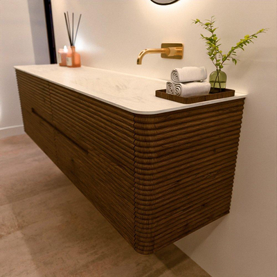 Mondiaz CIRO-DLUX Badkamermeubelset - 170x45x50cm - Solid surface wastafel Opalo - 1 wasbak Rechts - zonder kraangaten - 4 lades - Dusk
