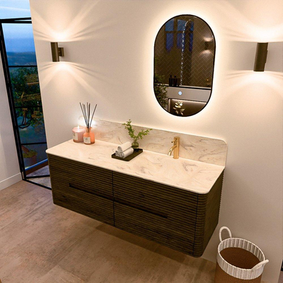 Mondiaz CIRO-DLUX Ensemble de meubles de salle de bains - 140x45x50cm - Plan vasque solid surface Ostra - 1 lavabo à droite - 1 trou de robinet - 4 tiroirs - Shadow