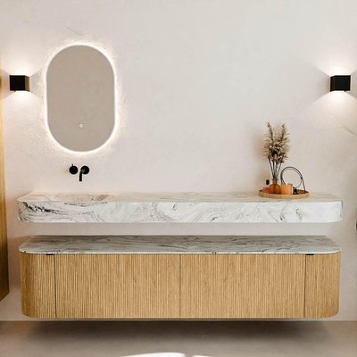 MONDIAZ THOR-DLUX 200cm meuble de salle de bains arrondi gauche + droite couleur Chêne avec 2 tiroirs et 2 portes. Vasque suspendue CLOUD Gauche sans trou de robinet couleur Glace.