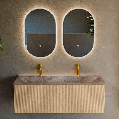 MONDIAZ KURVE-DLUX 120cm badmeubel kleur Oak met 1 lade en 0 deuren. Wastafel BIG LARGE Midden 2 kraangaten Oza.