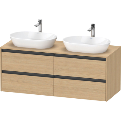 Duravit Ketho 2 meuble sous-lavabo avec plan console inclus avec 4 tiroirs pour vasques à poser doubles 140x55x56,8cm avec poignées anthracite chêne naturel mat