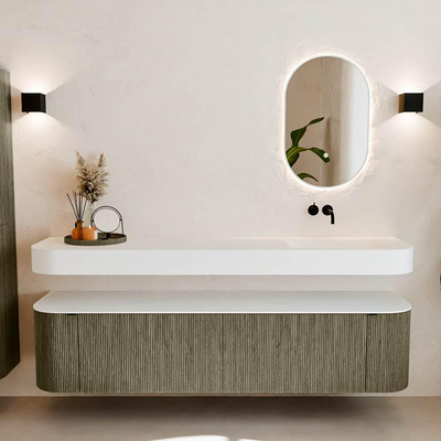 MONDIAZ THOR 190cm meuble de salle de bains arrondi gauche + droite couleur Shadow avec 2 tiroirs et 2 portes. Vasque suspendue CLOUD Droite sans trou de robinet couleur Talc.