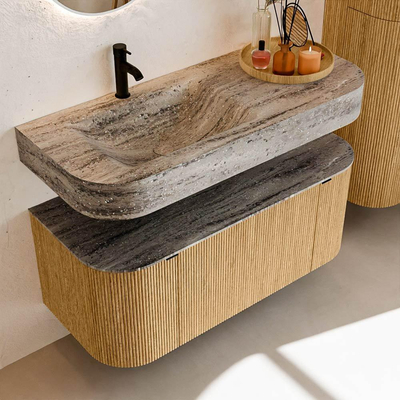 MONDIAZ THOR-DLUX 110cm badmeubel ronding links + rechts kleur Oak met 1 lade en 2 deuren. Vrijhangende wastafel CLOUD Links 1 kraangat kleur Oza.
