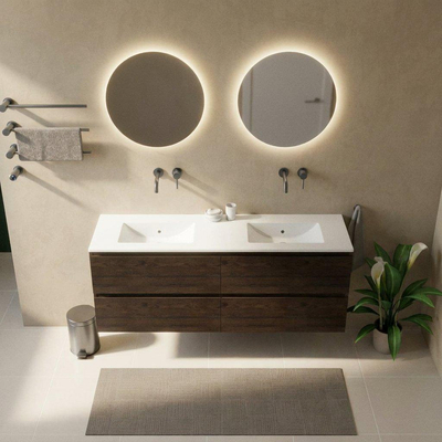 Saniclass Holz Pure Ensemble de meubles de salle de bains - 160x45x62cm - lavabo Vygo en céramique blanc - 2 vasques - sans trous de robinetterie - 4 tiroirs - chêne charcoal mat (bois)