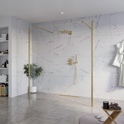 Fortifura Galeria Vrijstaande Inloopdouche - 180x200cm - helder - antikalk - 8mm veiligheidsglas - 2 zijwanden - 30cm - wandsteunen en hoekprofielen - PVD - geborsteld messing (goud)