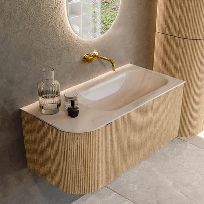 MONDIAZ KURVE-DLUX 95cm badmeubel ronding Links kleur Oak met 1 lade en 1 deur. Wastafel BIG SMALL Rechts zonder kraangat Meli.