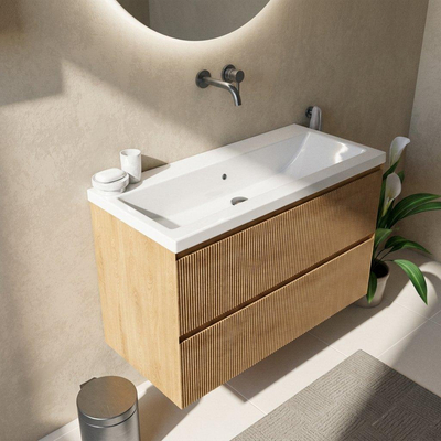 Saniclass Holz Atelier Ensemble meuble de salle de bains - 100x45x63.5cm - lavabo Bari en céramique blanc - 1 vasque - sans trou de robinetterie - 2 tiroirs - chêne natural mat (bois)