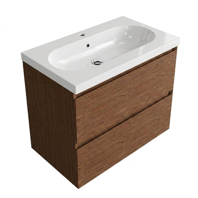 Saniclass Holz Pure Ensemble meuble de salle de bains - 80x45x63.5cm - lavabo Palermo en céramique blanc - 1 vasque - 1 trou de robinetterie - 2 tiroirs - mat walnut pure (bois)