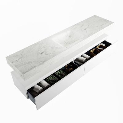 Mondiaz ALAN-DLUX Ensemble de meuble - 200cm - meuble Talc mat - 2 tiroirs - Lavabo Cloud Opalo suspendu - vasque Centre - 0 trous de robinet