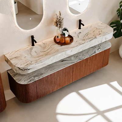 MONDIAZ THOR-DLUX Meuble de salle de bains 190cm arrondi gauche + droite couleur Ruby avec 2 tiroirs et 2 portes. Vasque suspendue CLOUD Double 2 trous de robinet couleur Glace.