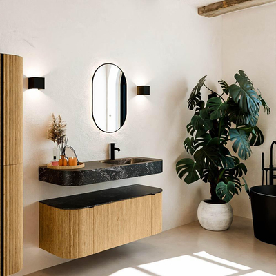 MONDIAZ THOR-DLUX 120cm meuble de salle de bains arrondi gauche + droite couleur Oak avec 1 tiroir et 2 portes. Vasque suspendue CLOUD droite 1 trou de robinet couleur Lava.