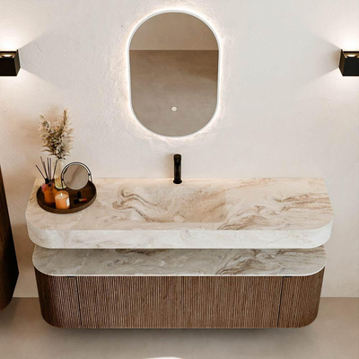 MONDIAZ THOR-DLUX 160cm meuble de salle de bains arrondi gauche + droite couleur Walnut avec 1 tiroir et 2 portes. Vasque suspendue CLOUD Milieu 1 trou de robinet couleur Frappe.