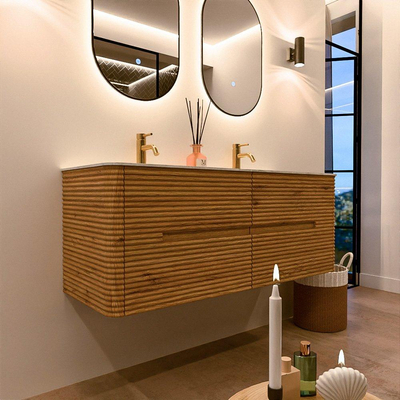 Mondiaz CIRO-DLUX Badkamermeubelset - 130x45x50cm - Solid surface wastafel Opalo - 2 wasbak Dubbel - 2 kraangaten - 4 lades - Oak