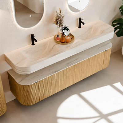 MONDIAZ THOR-DLUX 180cm meuble de salle de bains arrondi gauche + droite couleur Oak avec 2 tiroirs et 2 portes. Vasque suspendue CLOUD Double 2 trous de robinet couleur Meli.