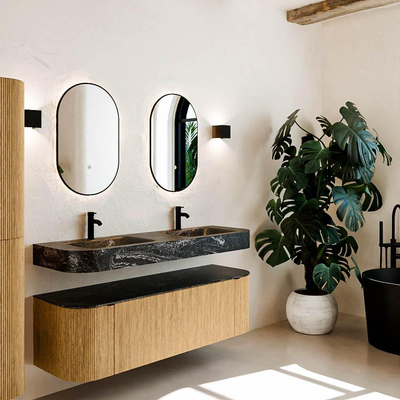 MONDIAZ THOR-DLUX 150cm meuble de salle de bains arrondi gauche + droite couleur Oak avec 1 tiroir et 2 portes. Vasque suspendue CLOUD Double 2 trous de robinet couleur Lava.