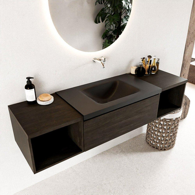 MONDIAZ BUKLA 160cm badmeubel met open module 40 L+R kleur Dark Brown met 1 lade. Wastafel CLOUD midden 0 kraangaten kleur Urban.