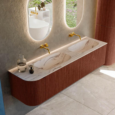 MONDIAZ KURVE-DLUX 175cm meuble de salle de bains arrondi Gauche couleur Ruby avec 2 tiroirs et 1 porte. Lavabo STOR SMALL Double / Droite sans trou de robinet Nata.