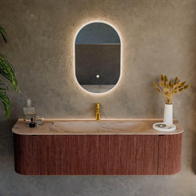 MONDIAZ KURVE-DLUX meuble de salle de bains 160cm arrondi gauche + droite couleur Ruby avec 1 tiroir et 2 portes. Lavabo BIG MEDIUM central 1 trou de robinet Arena.