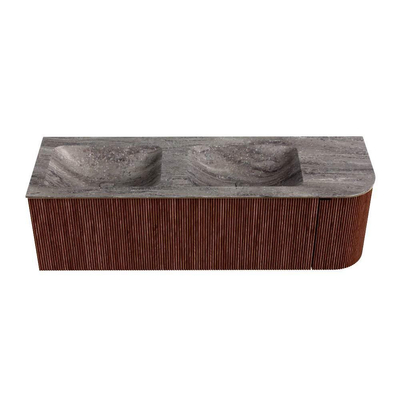 MONDIAZ KURVE-DLUX meuble de salle de bains 145 cm arrondi à droite couleur Ruby avec 1 tiroir et 1 porte. Plan-vasque LEAF double / gauche sans trou de robinet Oza.