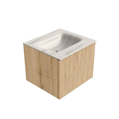 MONDIAZ KURVE-DLUX 50cm badmeubel kleur Oak met 1 lade en 0 deuren. Wastafel GRUNNE Midden zonder kraangat Meli.
