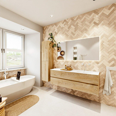 MONDIAZ VICA 150cm badmeubel onderkast Washed Oak 2 lades. Wastafel MOON rechts 1 kraangat, kleur Talc.