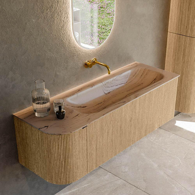 MONDIAZ KURVE-DLUX 135cm badmeubel ronding Links kleur Oak met 1 lade en 1 deur. Wastafel BIG MEDIUM Rechts zonder kraangat Arena.