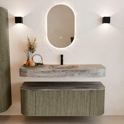 MONDIAZ THOR-DLUX 130cm meuble de salle de bains arrondi gauche + droite couleur Shadow avec 1 tiroir et 2 portes. Vasque suspendue CLOUD Milieu 1 trou de robinet couleur Oza.