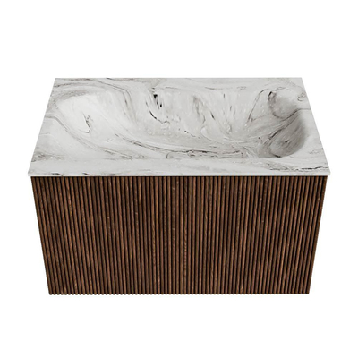 MONDIAZ KURVE-DLUX Meuble de salle de bains 70cm couleur Walnut avec 1 tiroir. Lavabo BIG SMALL central 1 trou de robinet couleur Glace.