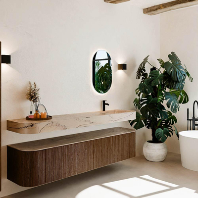 MONDIAZ THOR-DLUX 200cm meuble de salle de bains arrondi gauche + droite couleur Walnut avec 2 tiroirs et 2 portes. Vasque suspendue CLOUD Droite 1 trou de robinet couleur Arena.