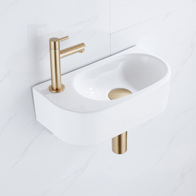 QeramiQ Fuente Ensemble lavabo - 40x21.5x12cm - gauche - lisse - semi-rond - 1 trou de robinet - céramique - robinet de lave-mains laiton brossé - bonde - siphon abaissé - blanc brillant