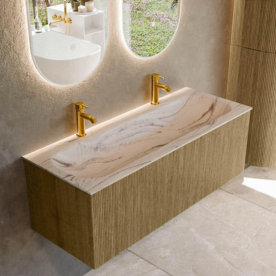 MONDIAZ KURVE-DLUX 120cm badmeubel kleur Dusk met 1 lade en 0 deuren. Wastafel BIG LARGE Midden 2 kraangaten Nata.