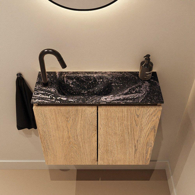 MONDIAZ TURE-DLUX Meuble de toilettes 60 cm Washed Oak. Lavabo EDEN Lava position à gauche. Avec 1 trou de robinet.