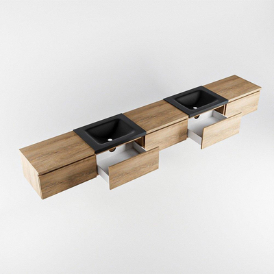 MONDIAZ BUKLA 300cm badmeubel met module 60 kleur Washed Oak met 5 lades. Wastafel CLOUD dubbel 2 kraangaten kleur Urban.