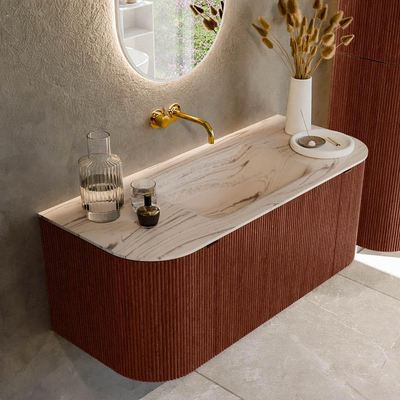 MONDIAZ KURVE-DLUX Meuble de salle de bains 110cm arrondi Gauche + Droite couleur Ruby avec 1 tiroir et 2 portes. Lavabo CLOUD Central sans trou de robinet Nata.