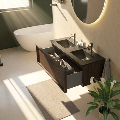 Saniclass Holz Frame Ensemble meuble de salle de bains - 120x45x42cm - lavabo Vygo en céramique noir - 2 vasques - 2 trous de robinetterie - 1 tiroir - chêne charcoal mat (bois)