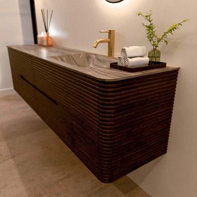 Mondiaz CIRO-DLUX Badkamermeubelset - 190x45x50cm - Solid surface wastafel Sombra - 1 wasbak Rechts - 1 kraangat - 4 lades - Walnut