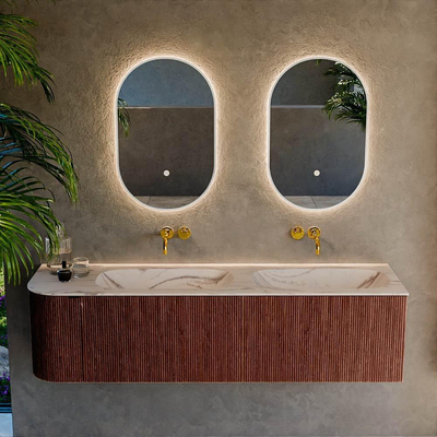 MONDIAZ KURVE-DLUX Meuble de salle de bains 165cm arrondi à gauche couleur Ruby avec 2 tiroirs et 1 porte. Lavabo STOR SMALL Double / Droite sans trou de robinet Nata.