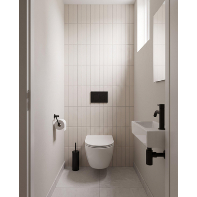 QeramiQ Dely Swirl Compact Toiletset - inbouwreservoir Geberit UP320 - met Burda frame - 25mm zitting - kunststof bedieningsplaat mat zwart - ronde knoppen - glans wit